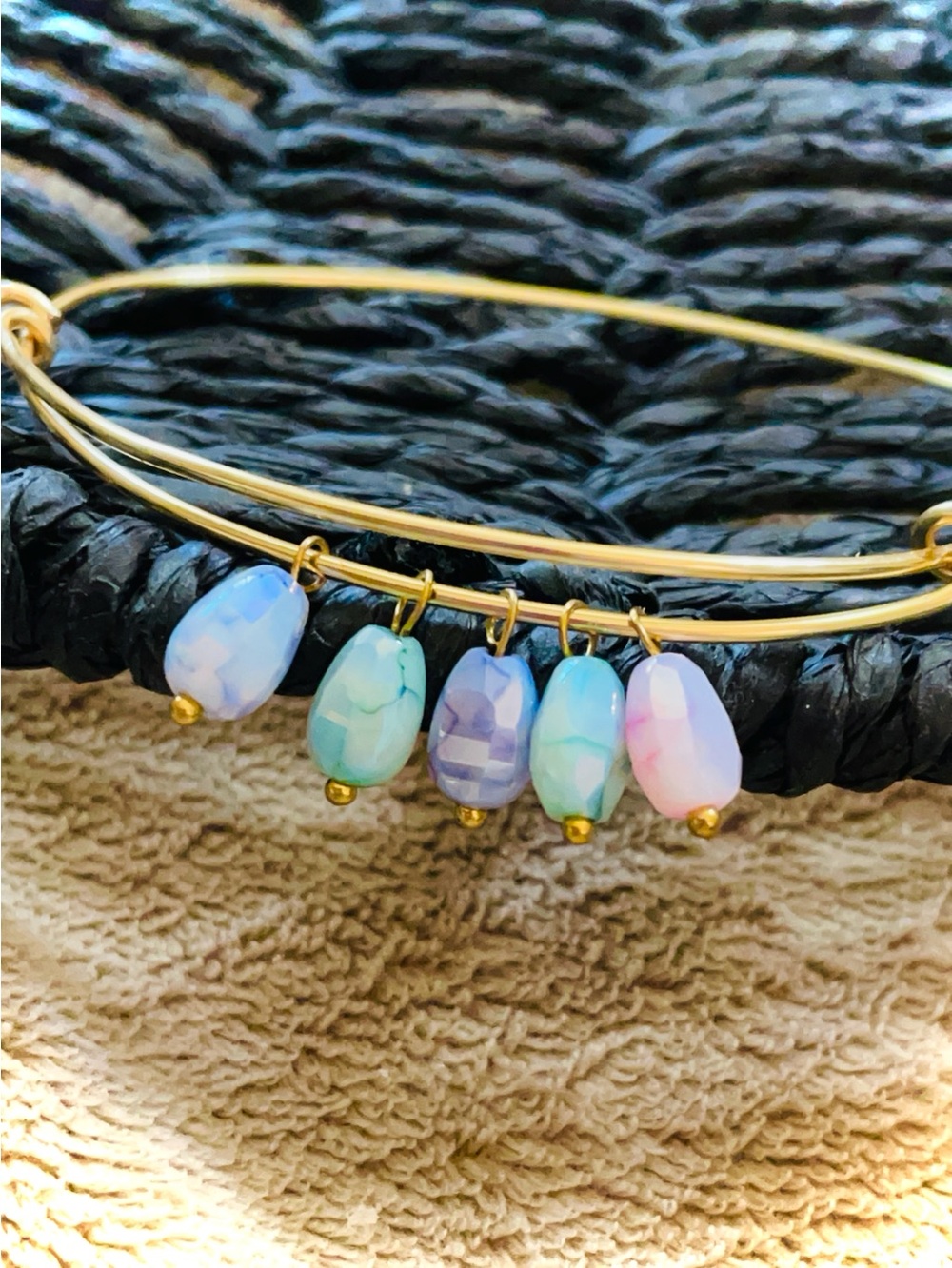 Gold Tone Adjuster Wire Bangle Bracelet with Pastel Bead Charms